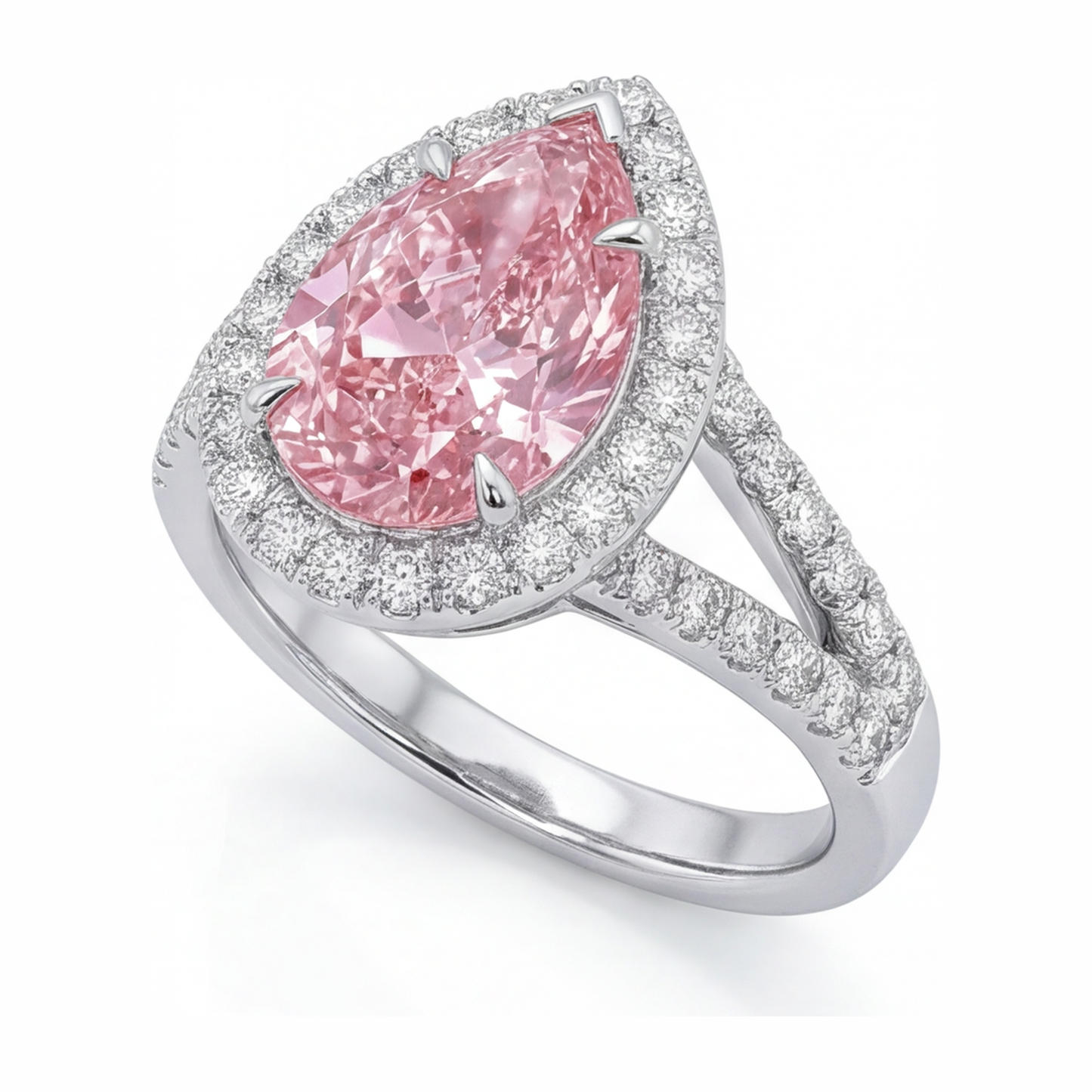 Verlobungsring mit rosa Diamant 2,5 Karat im Labor gezüchtet Tropfen-Halo 14 Karat Weißgold
