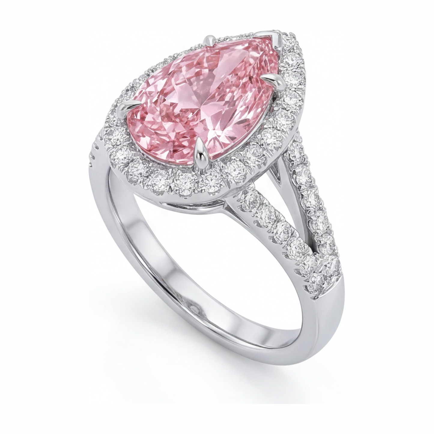 Verlobungsring mit rosa Diamant 2,5 Karat im Labor gezüchtet Tropfen-Halo 14 Karat Weißgold