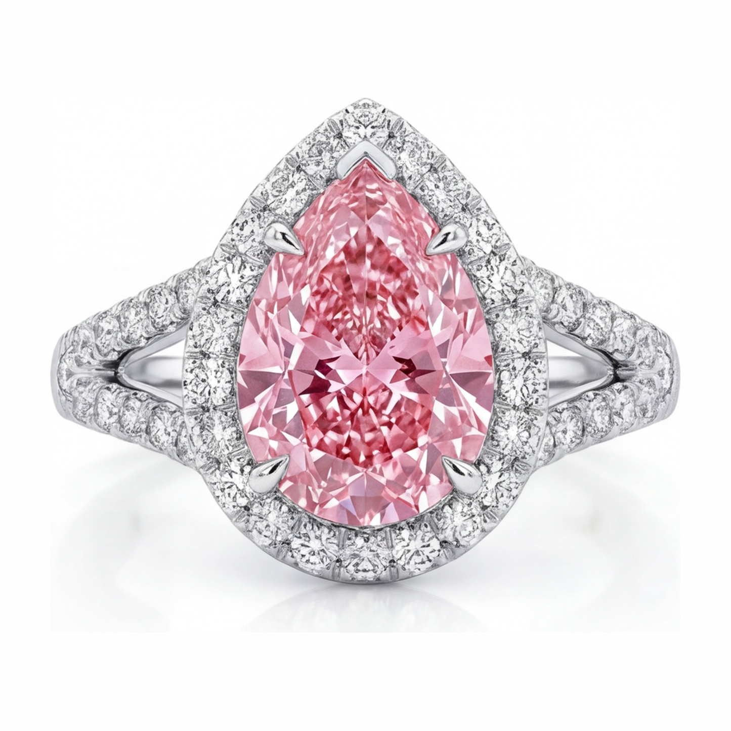Verlobungsring mit rosa Diamant 2,5 Karat im Labor gezüchtet Tropfen-Halo 14 Karat Weißgold