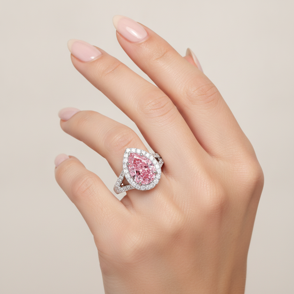 Verlobungsring mit rosa Diamant 2,5 Karat im Labor gezüchtet Tropfen-Halo 14 Karat Weißgold