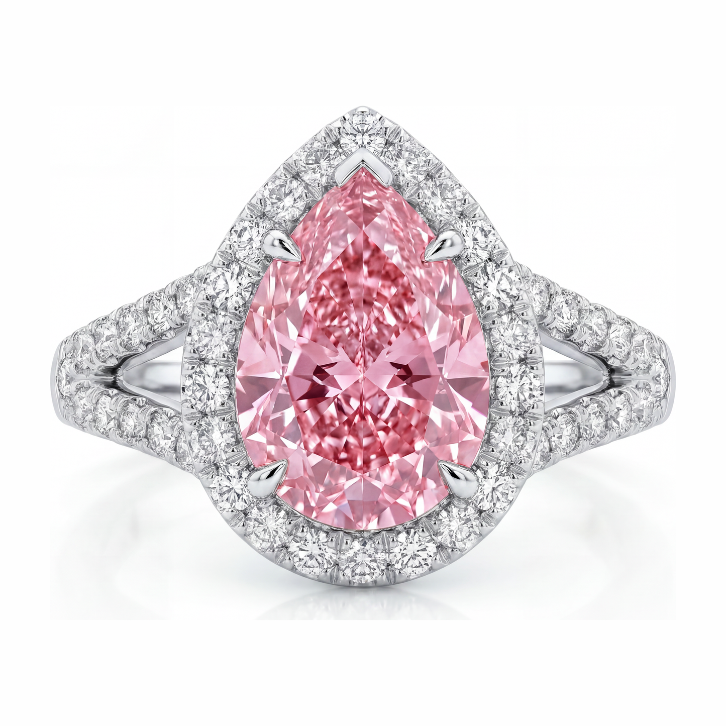 Verlobungsring mit rosa Diamant 2,5 Karat im Labor gezüchtet Tropfen-Halo 14 Karat Weißgold