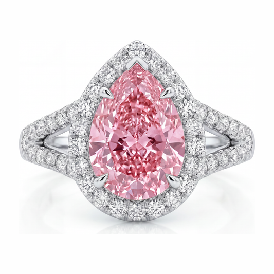 Verlobungsring mit rosa Diamant 2,5 Karat im Labor gezüchtet Tropfen-Halo 14 Karat Weißgold