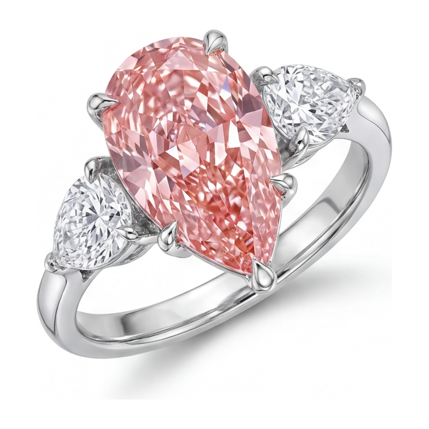 Dreistein-Goldring aus 14 Karat Weissgold mit rosa Diamant im Tropfenschliff, 2,5 Karat, im Labor gezüchtet