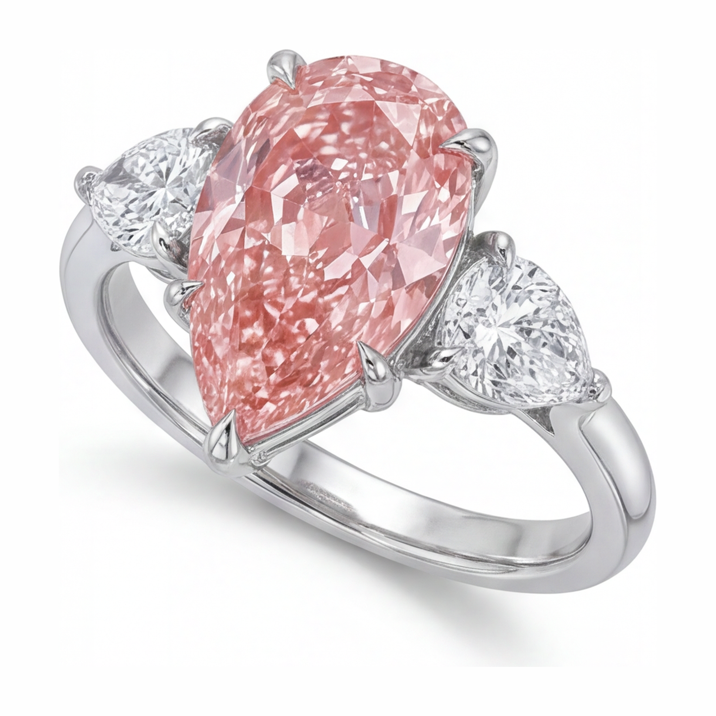 Dreistein-Goldring aus 14 Karat Weissgold mit rosa Diamant im Tropfenschliff, 2,5 Karat, im Labor gezüchtet