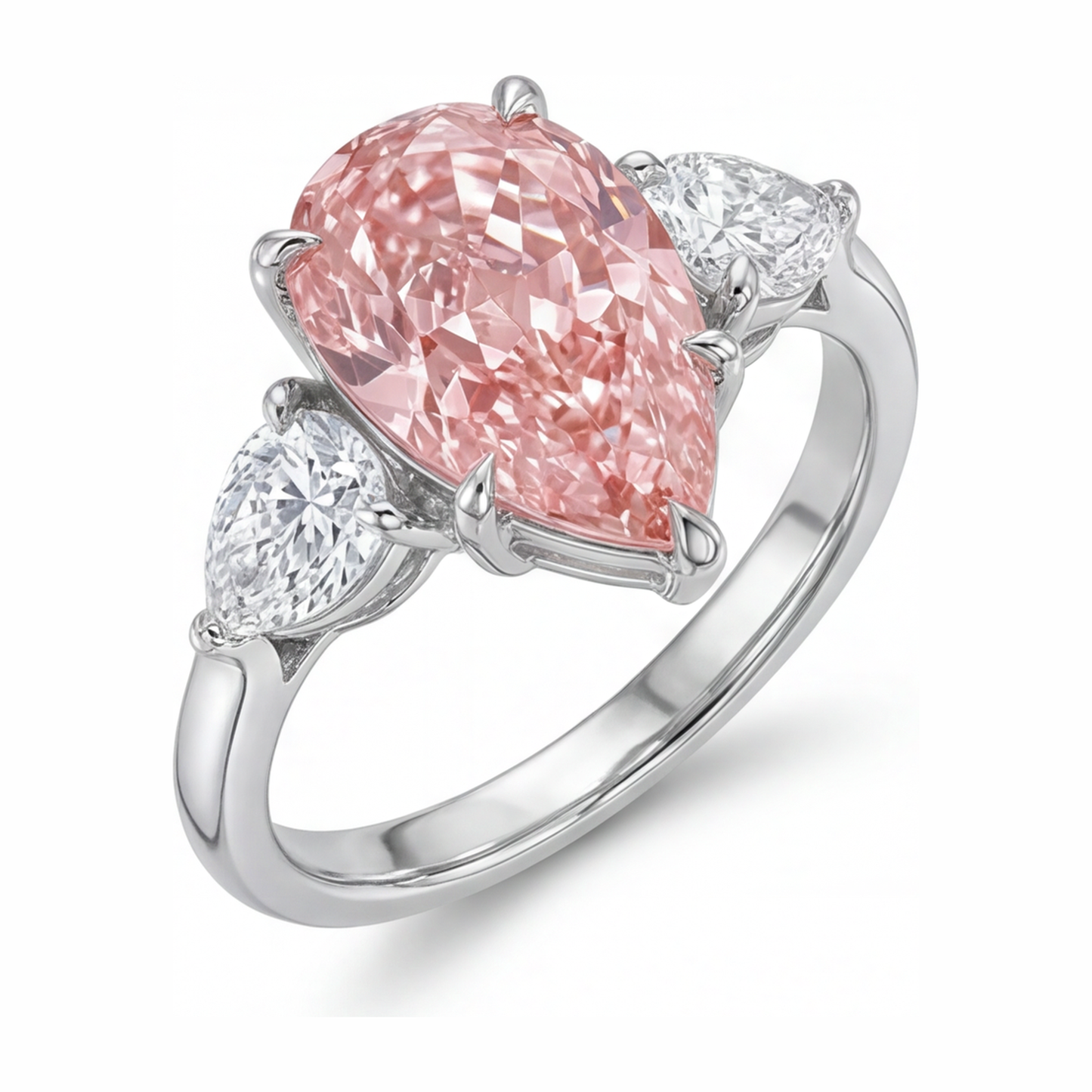 Dreistein-Goldring aus 14 Karat Weissgold mit rosa Diamant im Tropfenschliff, 2,5 Karat, im Labor gezüchtet