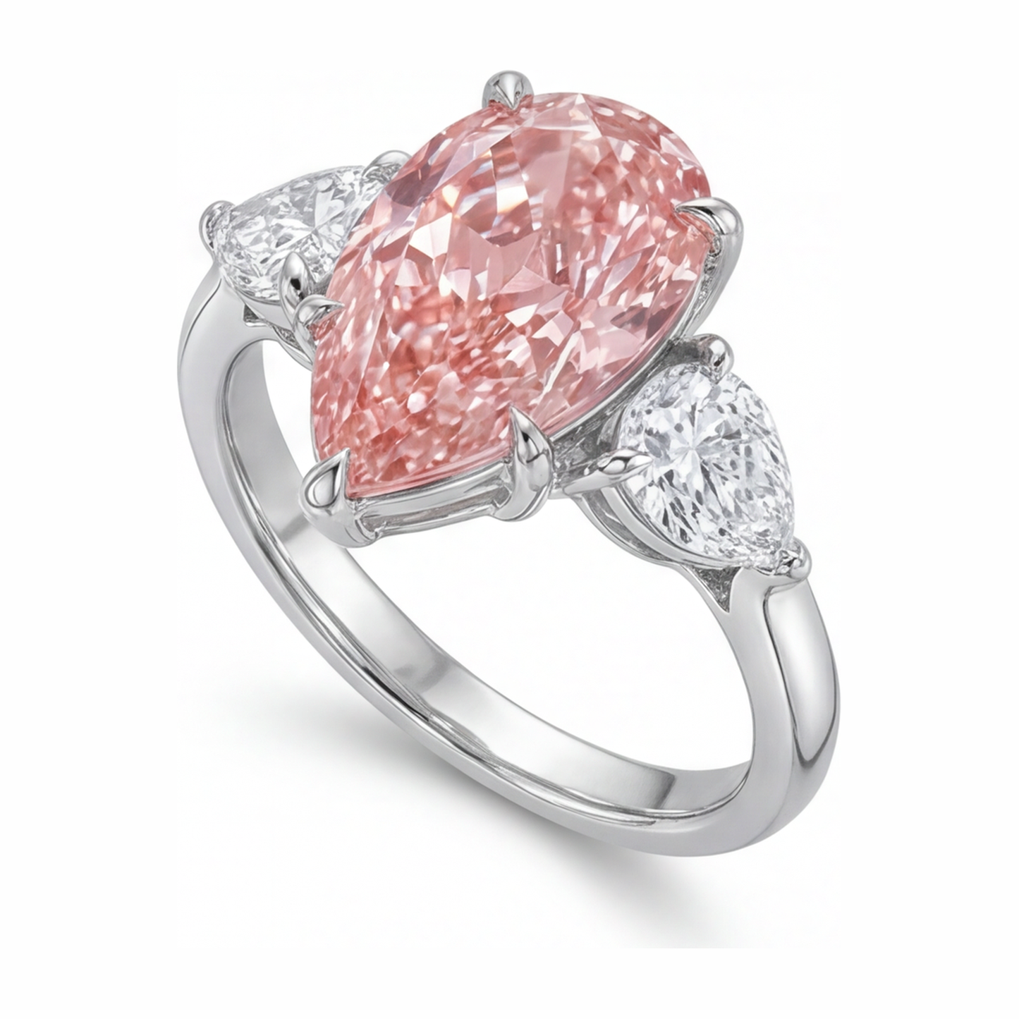 Dreistein-Goldring aus 14 Karat Weissgold mit rosa Diamant im Tropfenschliff, 2,5 Karat, im Labor gezüchtet