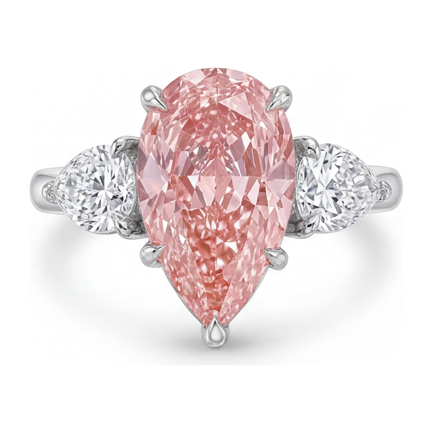 Dreistein-Goldring aus 14 Karat Weissgold mit rosa Diamant im Tropfenschliff, 2,5 Karat, im Labor gezüchtet