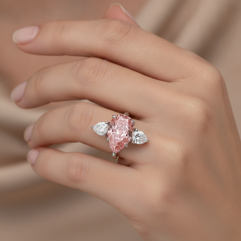 Dreistein-Goldring aus 14 Karat Weissgold mit rosa Diamant im Tropfenschliff, 2,5 Karat, im Labor gezüchtet
