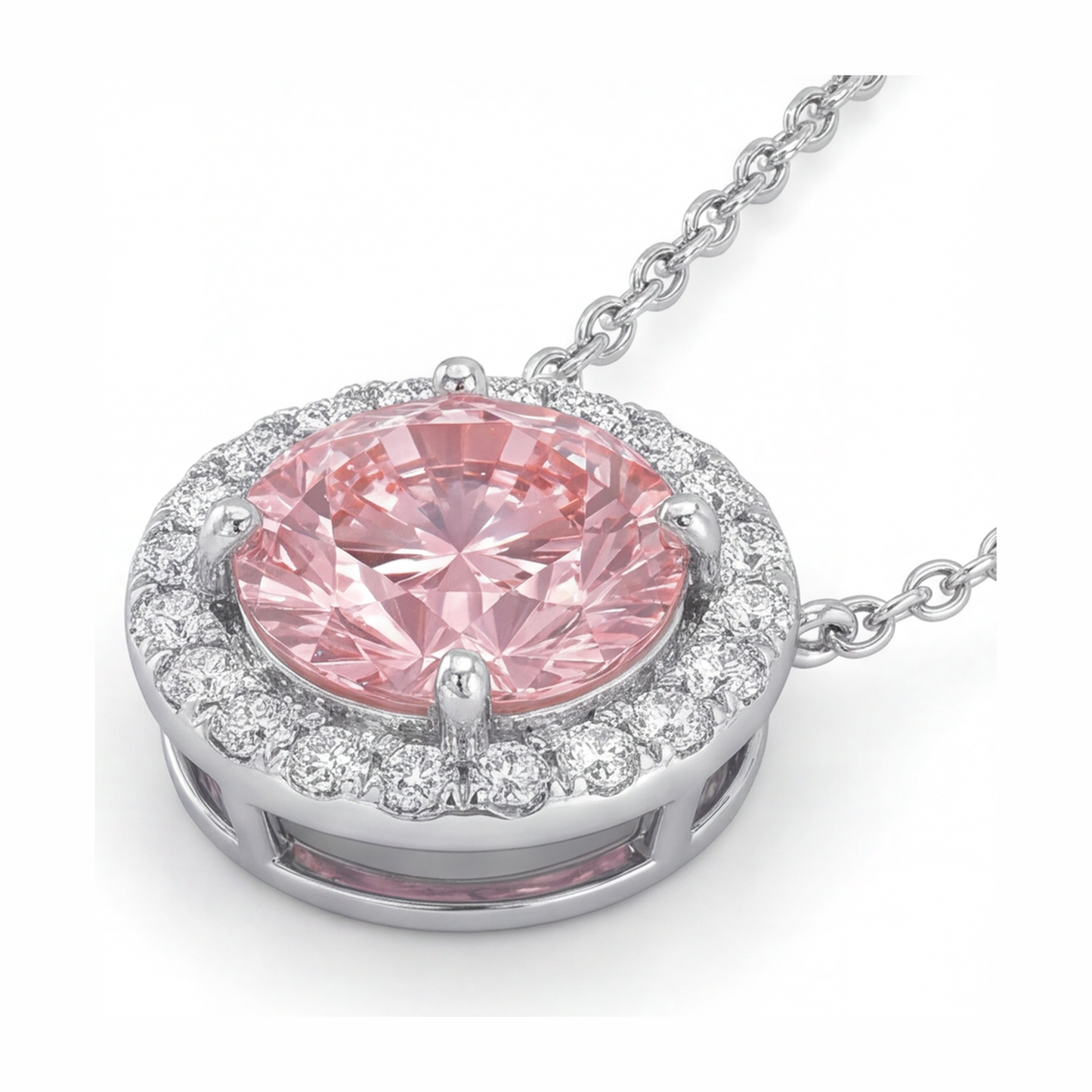 Halskette mit rosa Diamant 2,5 Karat im Labor gezüchtet runder Halo-Anhänger 14 Karat Weißgold