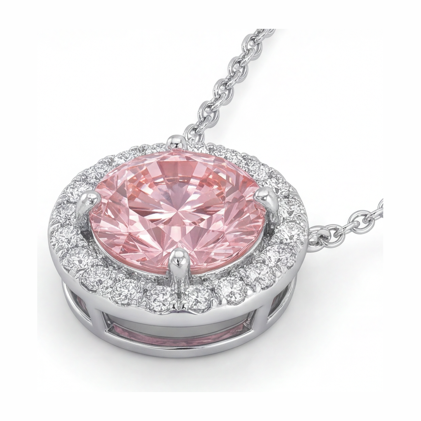 Halskette mit rosa Diamant 2,5 Karat im Labor gezüchtet runder Halo-Anhänger 14 Karat Weißgold