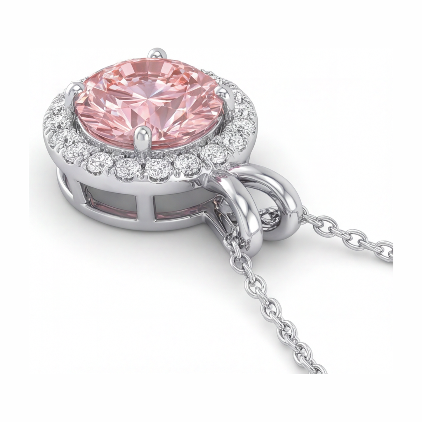 Halskette mit rosa Diamant 2,5 Karat im Labor gezüchtet runder Halo-Anhänger 14 Karat Weißgold