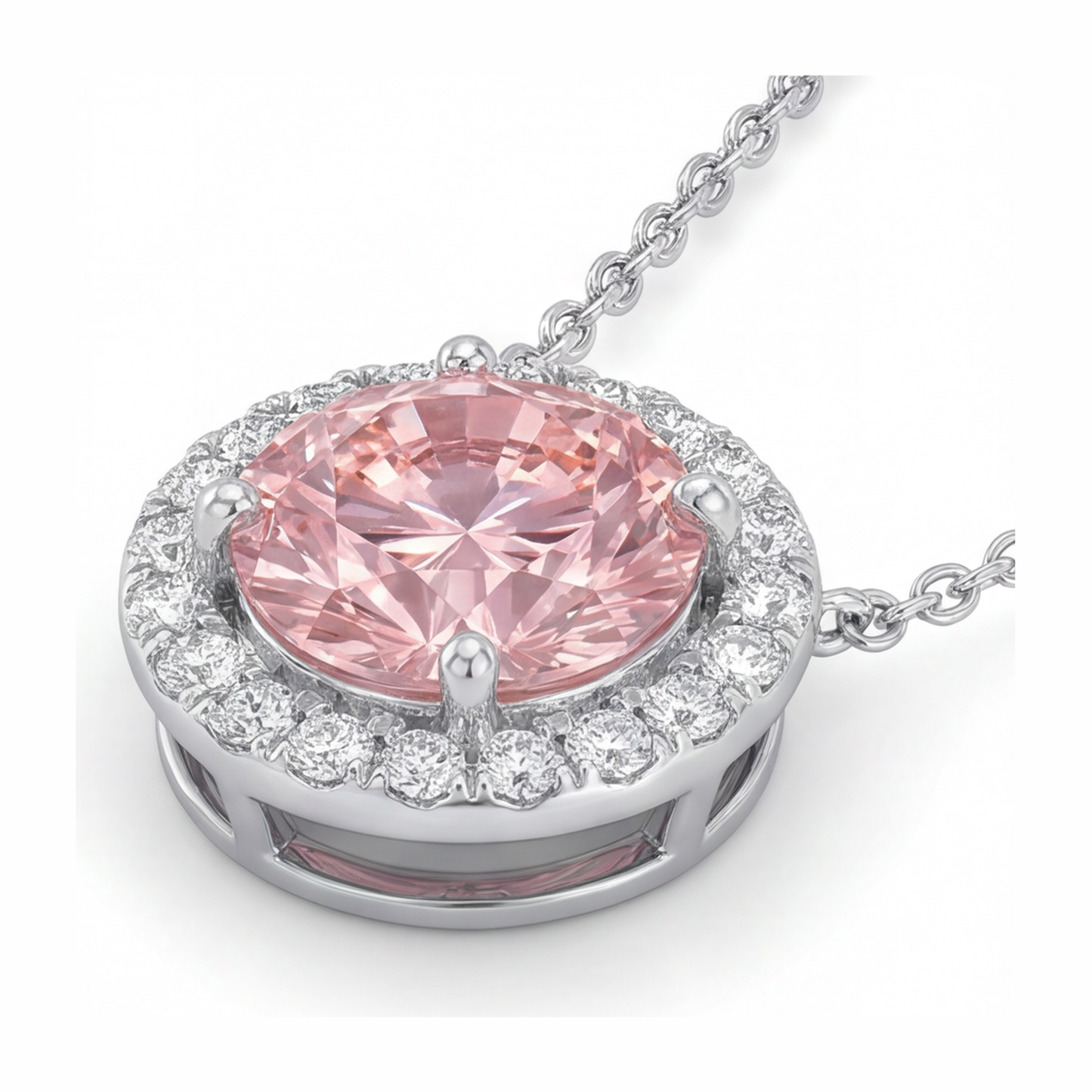 Halskette mit rosa Diamant 2,5 Karat im Labor gezüchtet runder Halo-Anhänger 14 Karat Weißgold