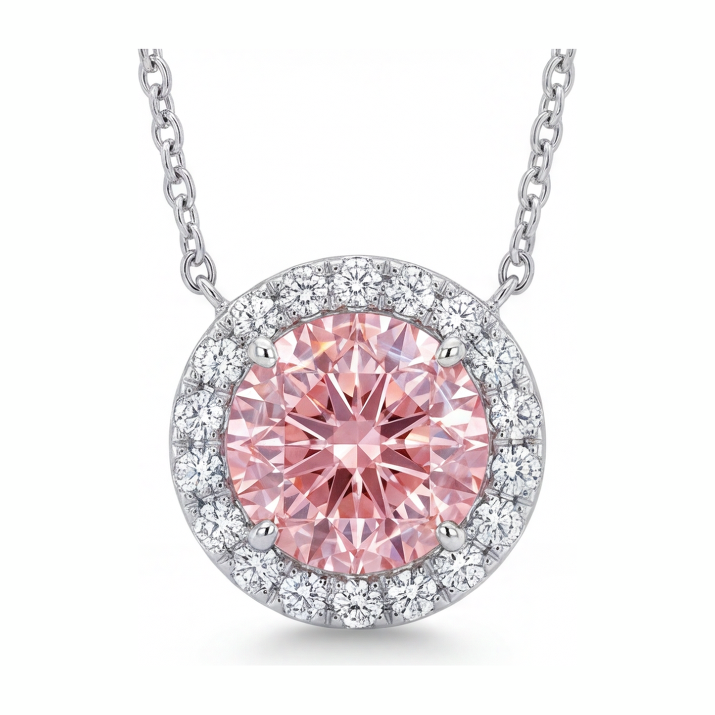 Halskette mit rosa Diamant 2,5 Karat im Labor gezüchtet runder Halo-Anhänger 14 Karat Weißgold
