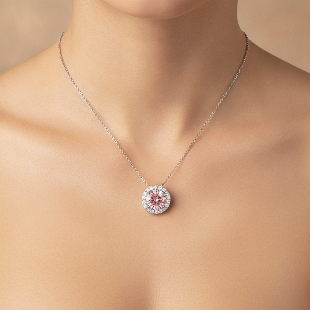 Halskette mit rosa Diamant 2,5 Karat im Labor gezüchtet runder Halo-Anhänger 14 Karat Weißgold