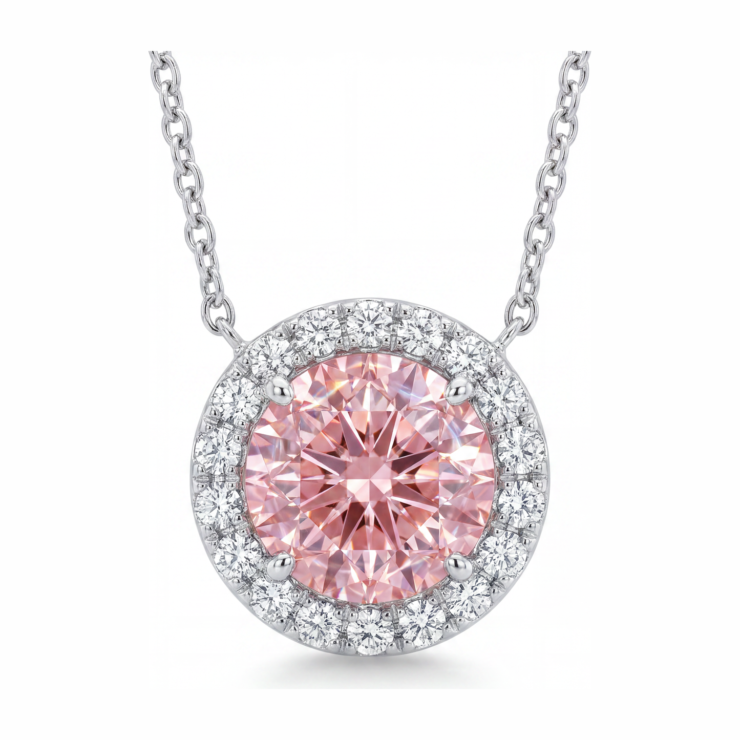 Halskette mit rosa Diamant 2,5 Karat im Labor gezüchtet runder Halo-Anhänger 14 Karat Weißgold