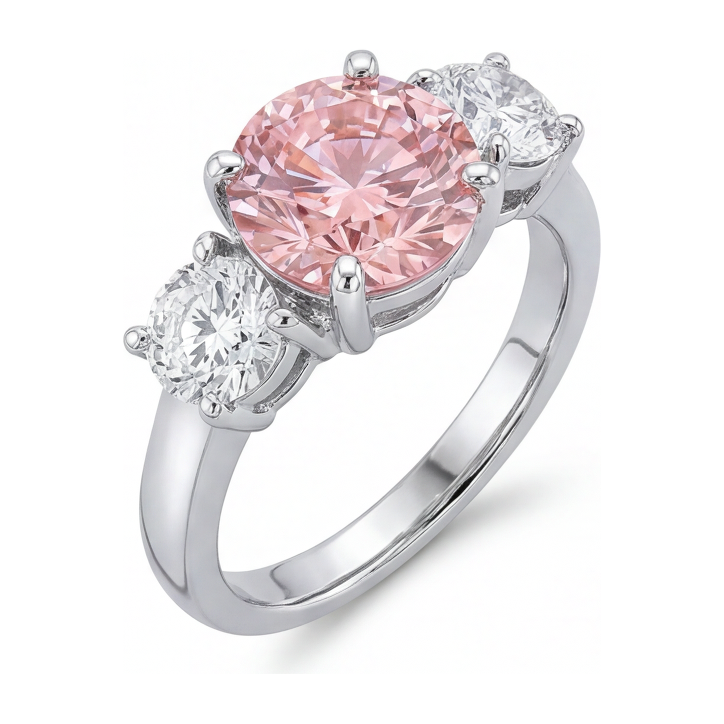Verlobungsring mit rosa Diamant, 2,5 Karat, im Labor gezüchtet, rund, drei Steine, 14 Karat Weißgold
