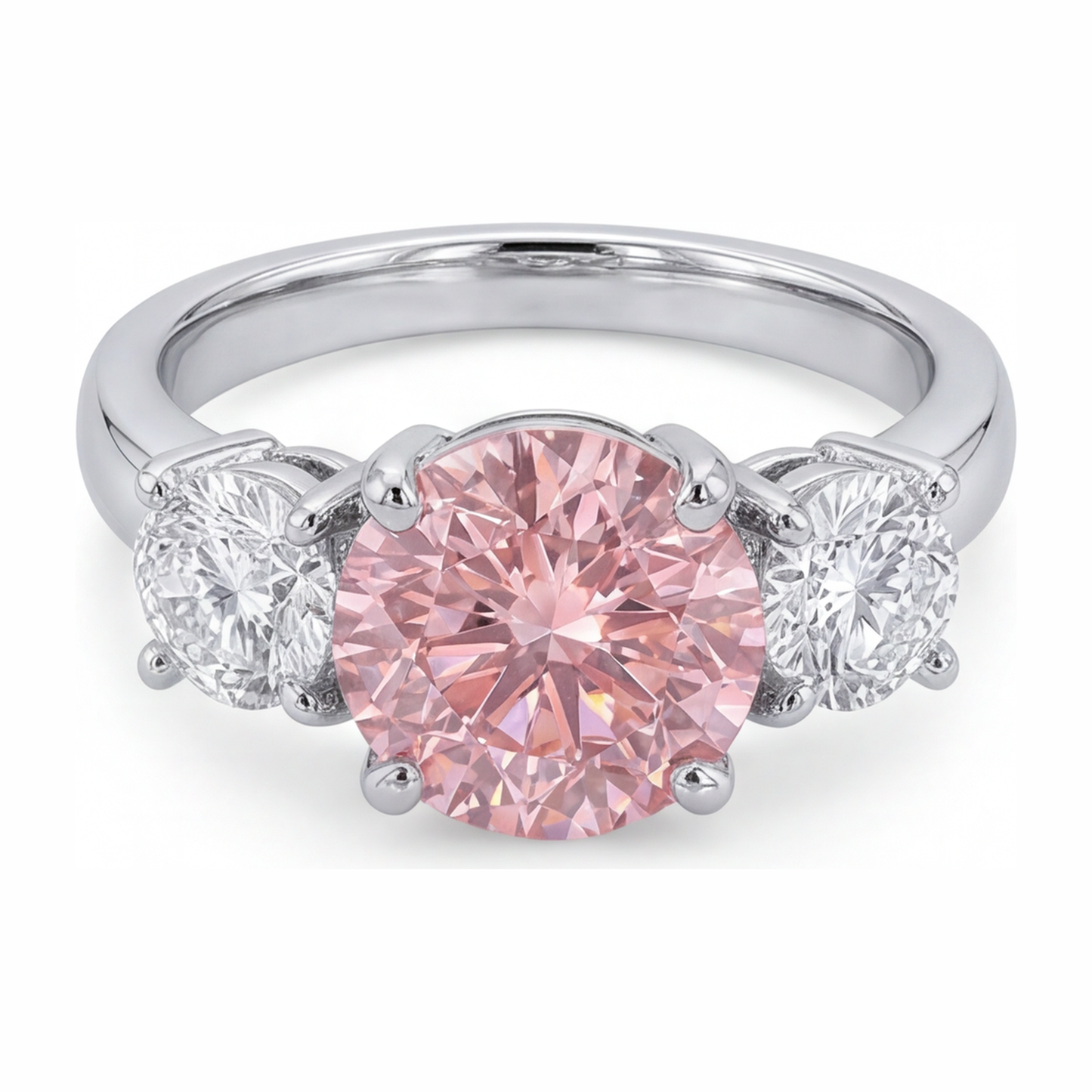 Verlobungsring mit rosa Diamant, 2,5 Karat, im Labor gezüchtet, rund, drei Steine, 14 Karat Weißgold