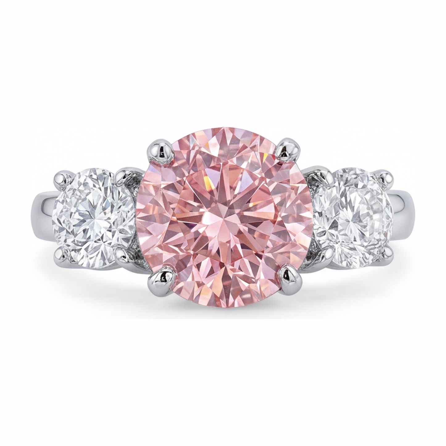 Verlobungsring mit rosa Diamant, 2,5 Karat, im Labor gezüchtet, rund, drei Steine, 14 Karat Weißgold