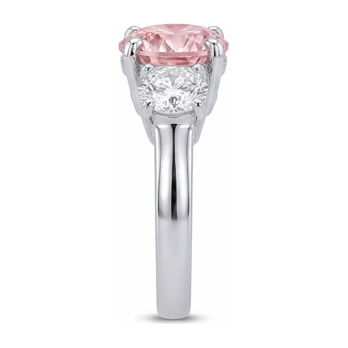 Verlobungsring mit rosa Diamant, 2,5 Karat, im Labor gezüchtet, rund, drei Steine, 14 Karat Weißgold