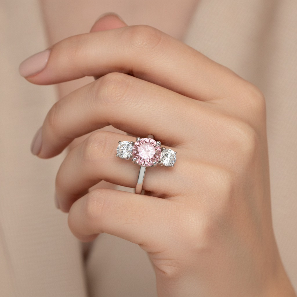 Verlobungsring mit rosa Diamant, 2,5 Karat, im Labor gezüchtet, rund, drei Steine, 14 Karat Weißgold