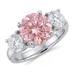 Verlobungsring mit rosa Diamant, 2,5 Karat, im Labor gezüchtet, rund, drei Steine, 14 Karat Weißgold