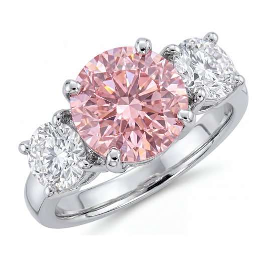 Verlobungsring mit rosa Diamant, 2,5 Karat, im Labor gezüchtet, rund, drei Steine, 14 Karat Weißgold