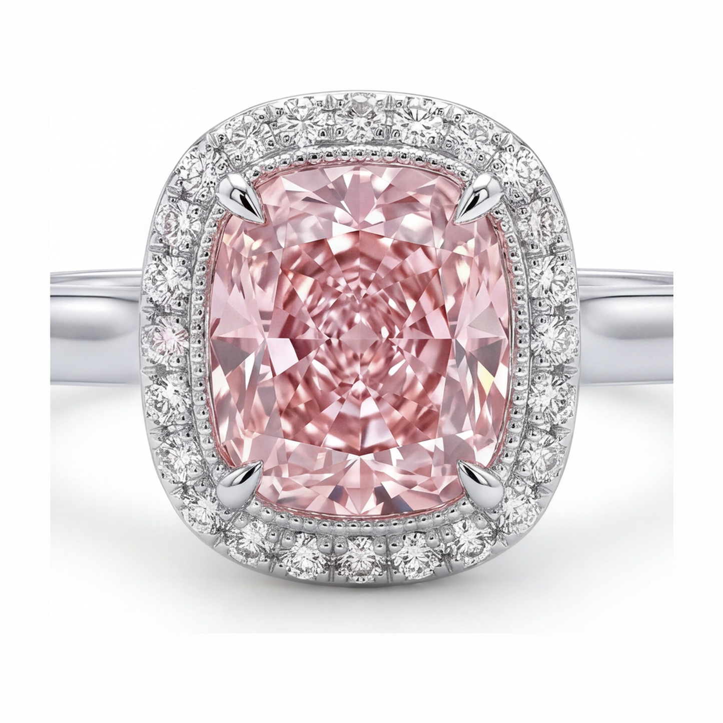 Pinkfarbener Diamantring 2,75 Karat im Labor gezüchtet Kissenschliff Halo 14 Karat Weißgold