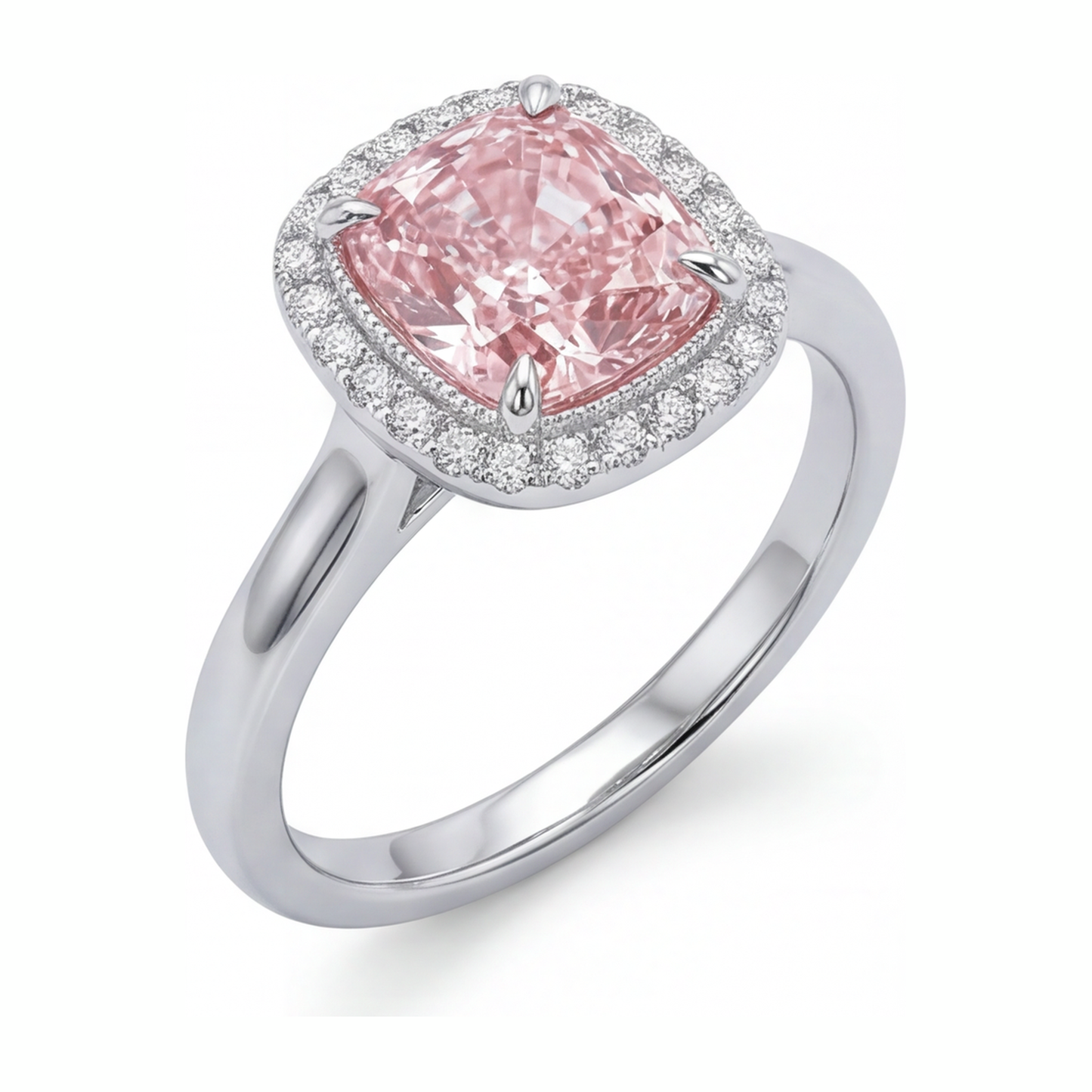 Pinkfarbener Diamantring 2,75 Karat im Labor gezüchtet Kissenschliff Halo 14 Karat Weißgold
