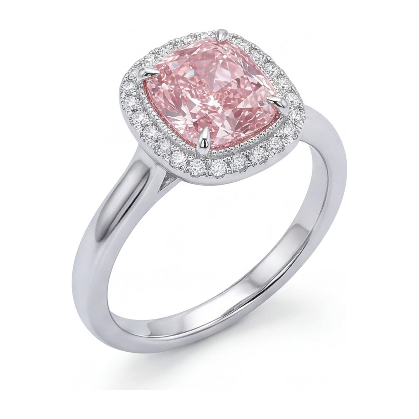 Pinkfarbener Diamantring 2,75 Karat im Labor gezüchtet Kissenschliff Halo 14 Karat Weißgold