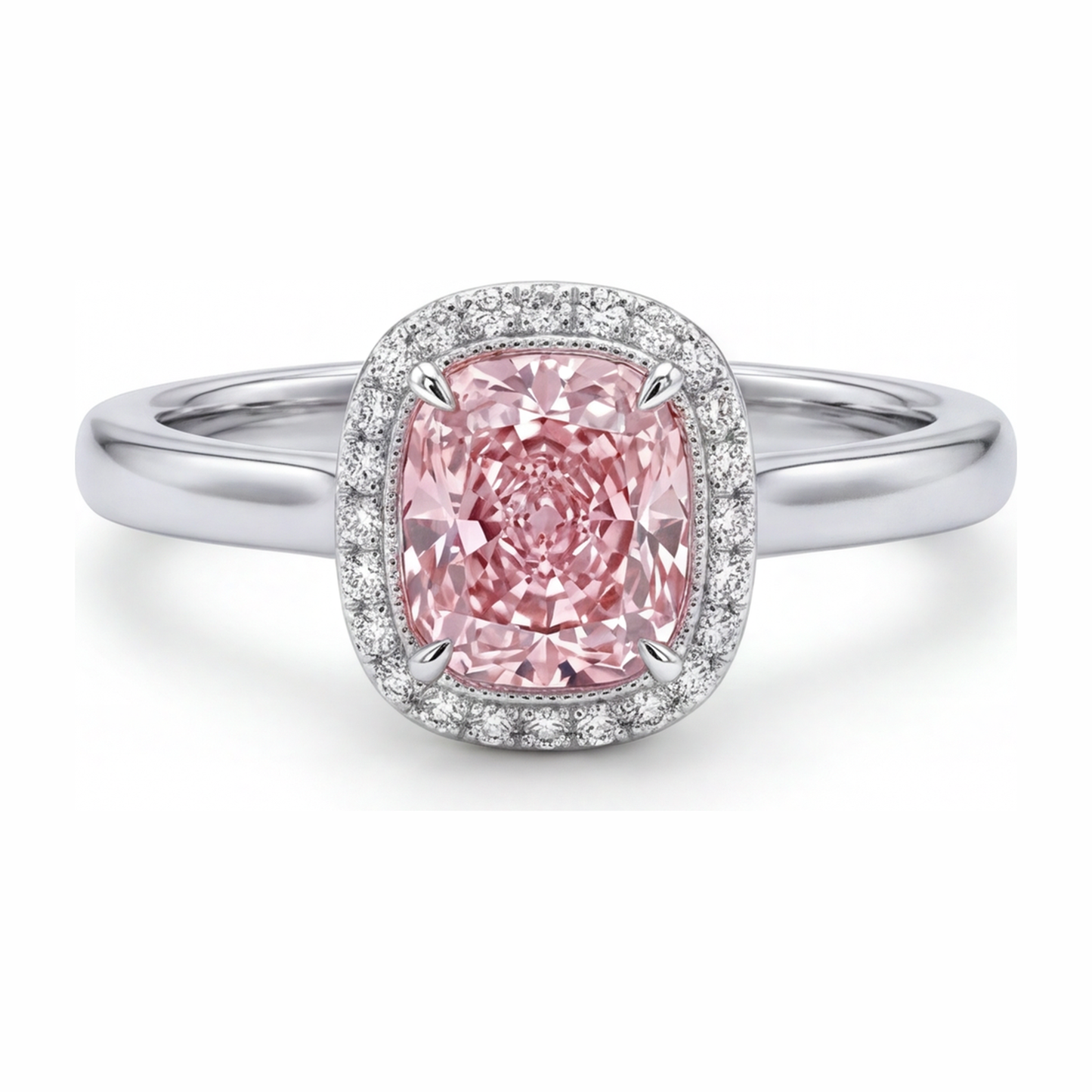 Pinkfarbener Diamantring 2,75 Karat im Labor gezüchtet Kissenschliff Halo 14 Karat Weißgold