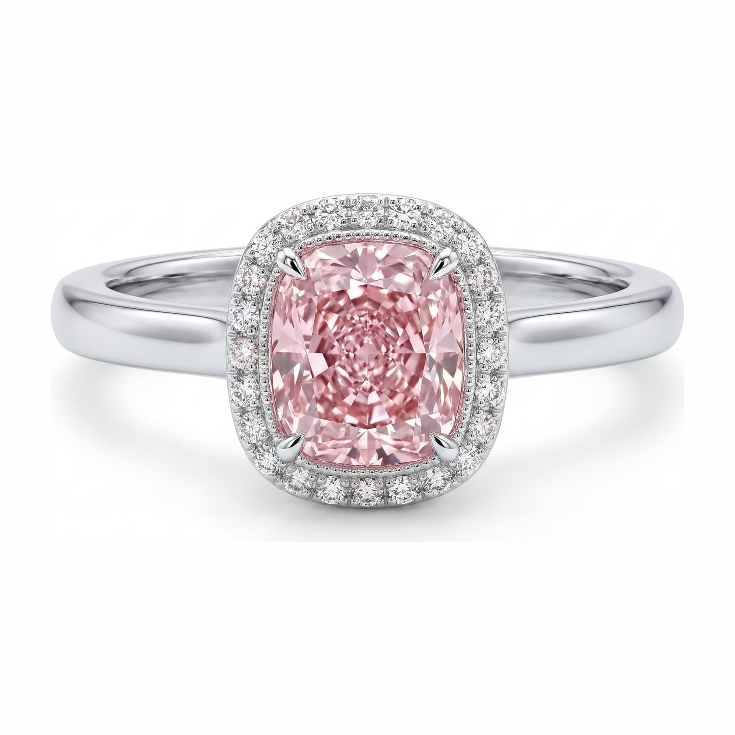 Pinkfarbener Diamantring 2,75 Karat im Labor gezüchtet Kissenschliff Halo 14 Karat Weißgold