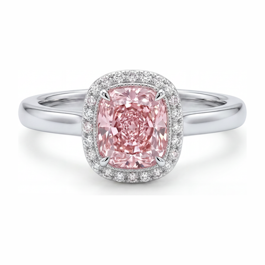 Pinkfarbener Diamantring 2,75 Karat im Labor gezüchtet Kissenschliff Halo 14 Karat Weißgold