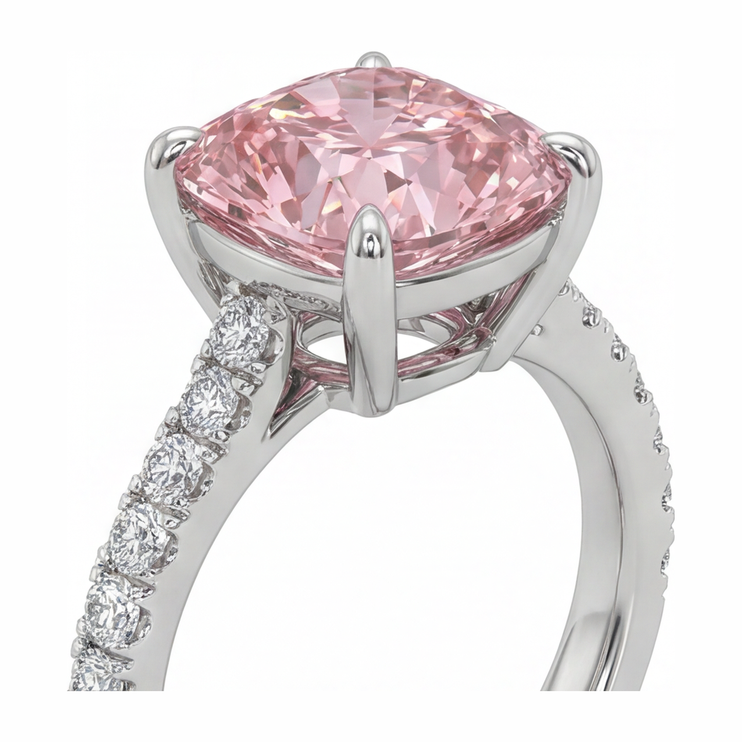 Rosa Diamantring 2,75 Karat, im Labor gezüchtet, Kissenschliff, Pavé, 14 Karat Weißgold