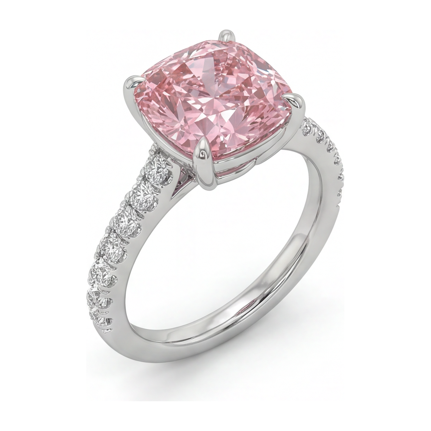 Rosa Diamantring 2,75 Karat, im Labor gezüchtet, Kissenschliff, Pavé, 14 Karat Weißgold