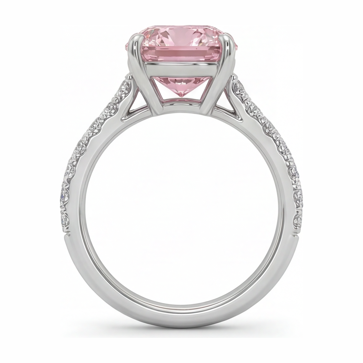 Rosa Diamantring 2,75 Karat, im Labor gezüchtet, Kissenschliff, Pavé, 14 Karat Weißgold