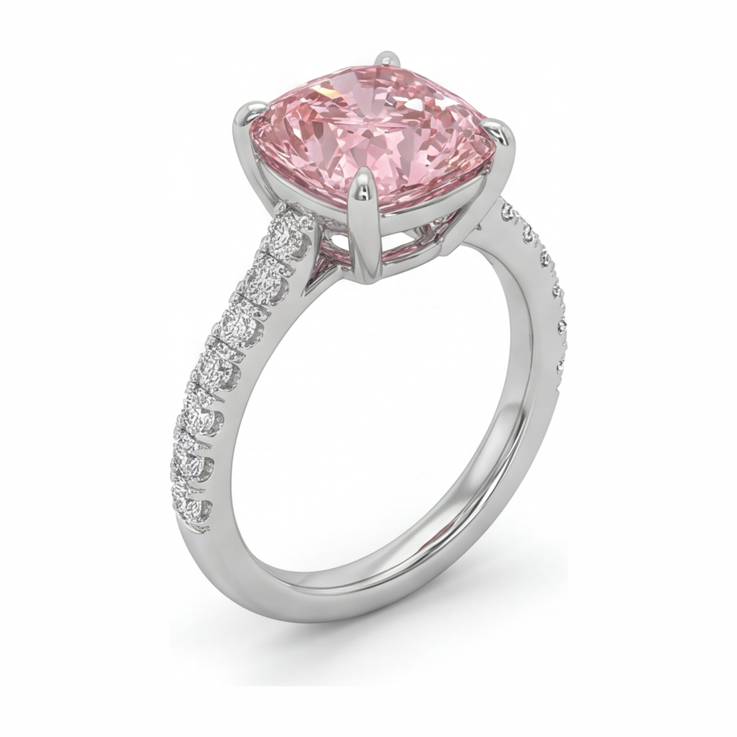 Rosa Diamantring 2,75 Karat, im Labor gezüchtet, Kissenschliff, Pavé, 14 Karat Weißgold