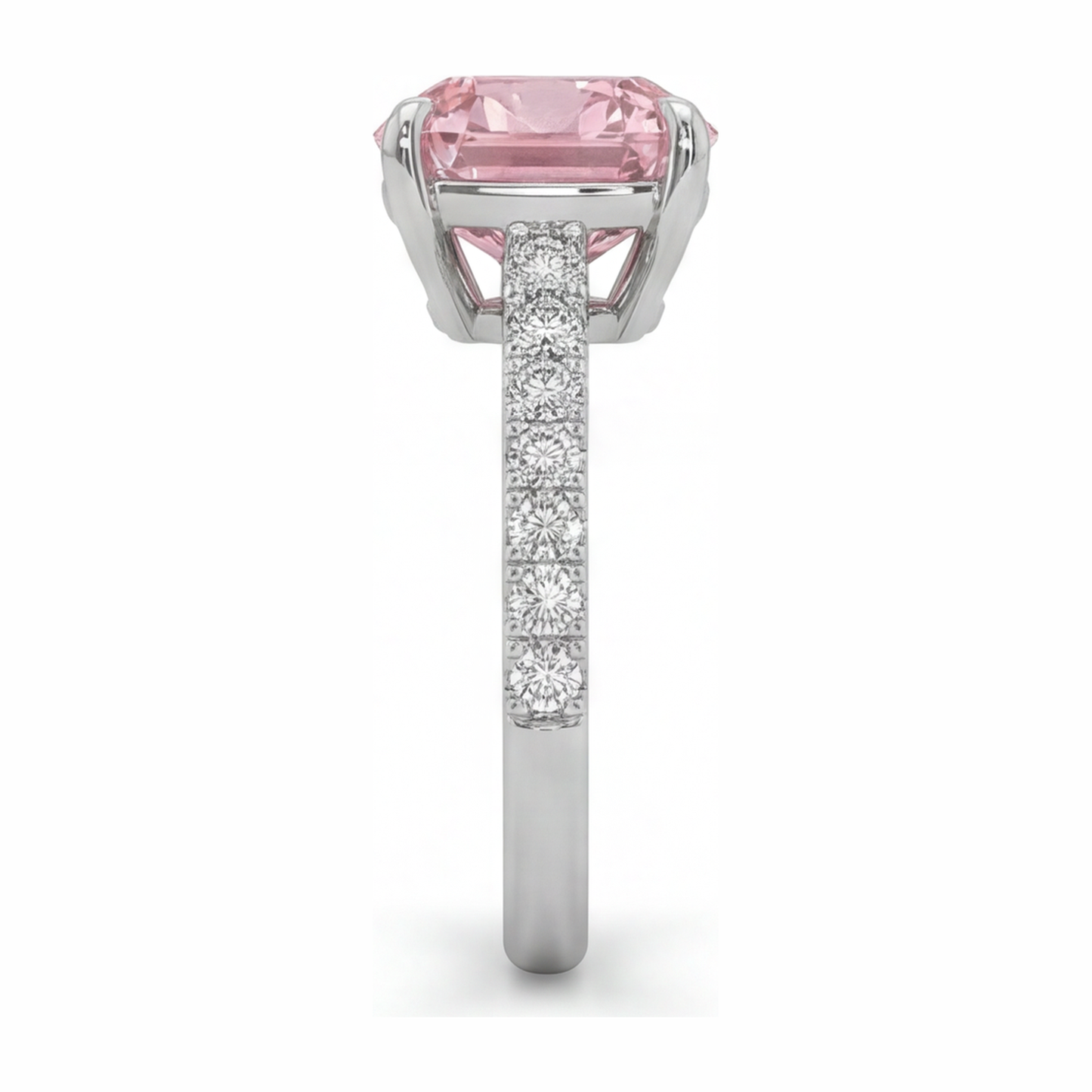 Rosa Diamantring 2,75 Karat, im Labor gezüchtet, Kissenschliff, Pavé, 14 Karat Weißgold