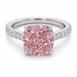 Rosa Diamantring 2,75 Karat, im Labor gezüchtet, Kissenschliff, Pavé, 14 Karat Weißgold