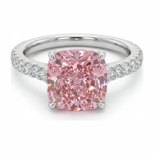 Rosa Diamantring 2,75 Karat, im Labor gezüchtet, Kissenschliff, Pavé, 14 Karat Weißgold