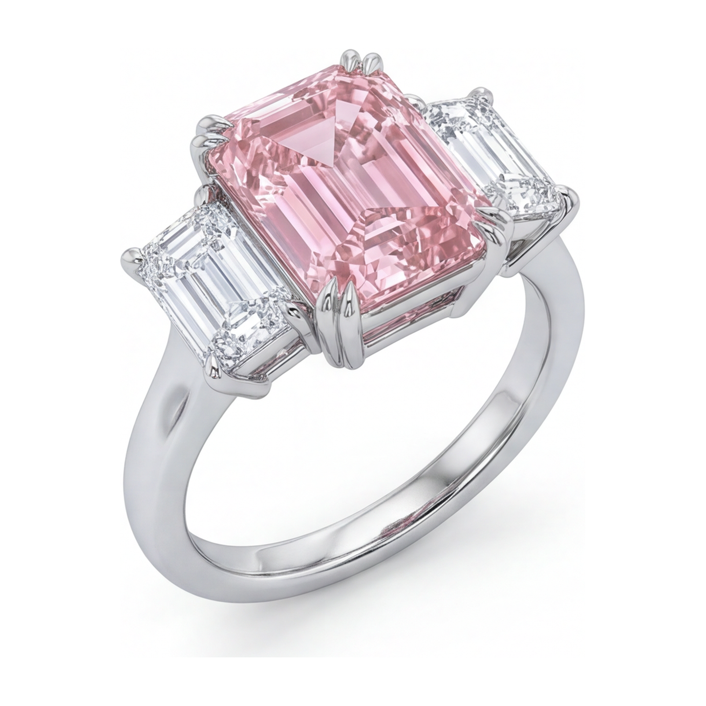 Dreisteinring mit im Labor gezüchtetem rosa Diamanten im Smaragdschliff, 2,75 Karat, 14 Karat Weißgold