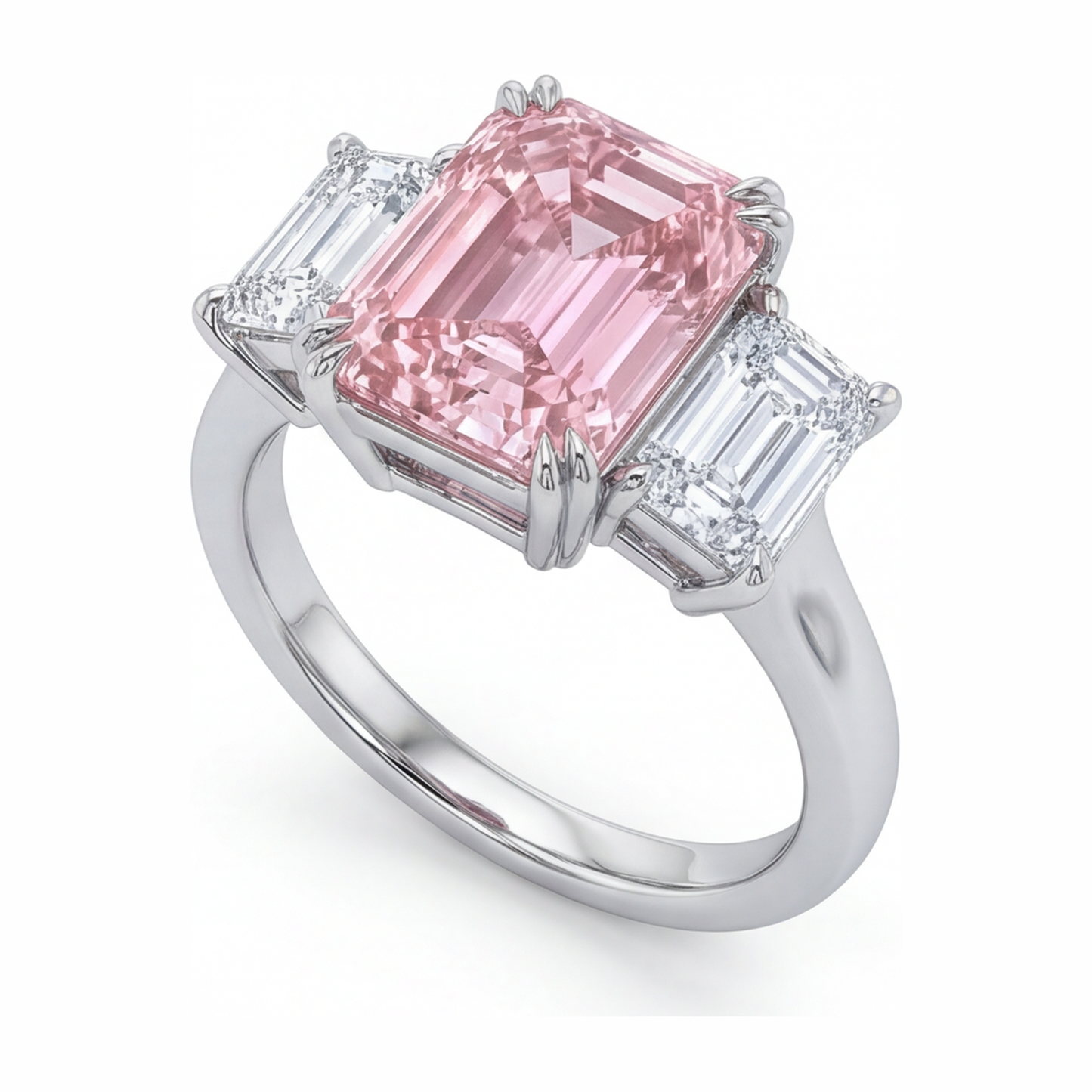 Dreisteinring mit im Labor gezüchtetem rosa Diamanten im Smaragdschliff, 2,75 Karat, 14 Karat Weißgold