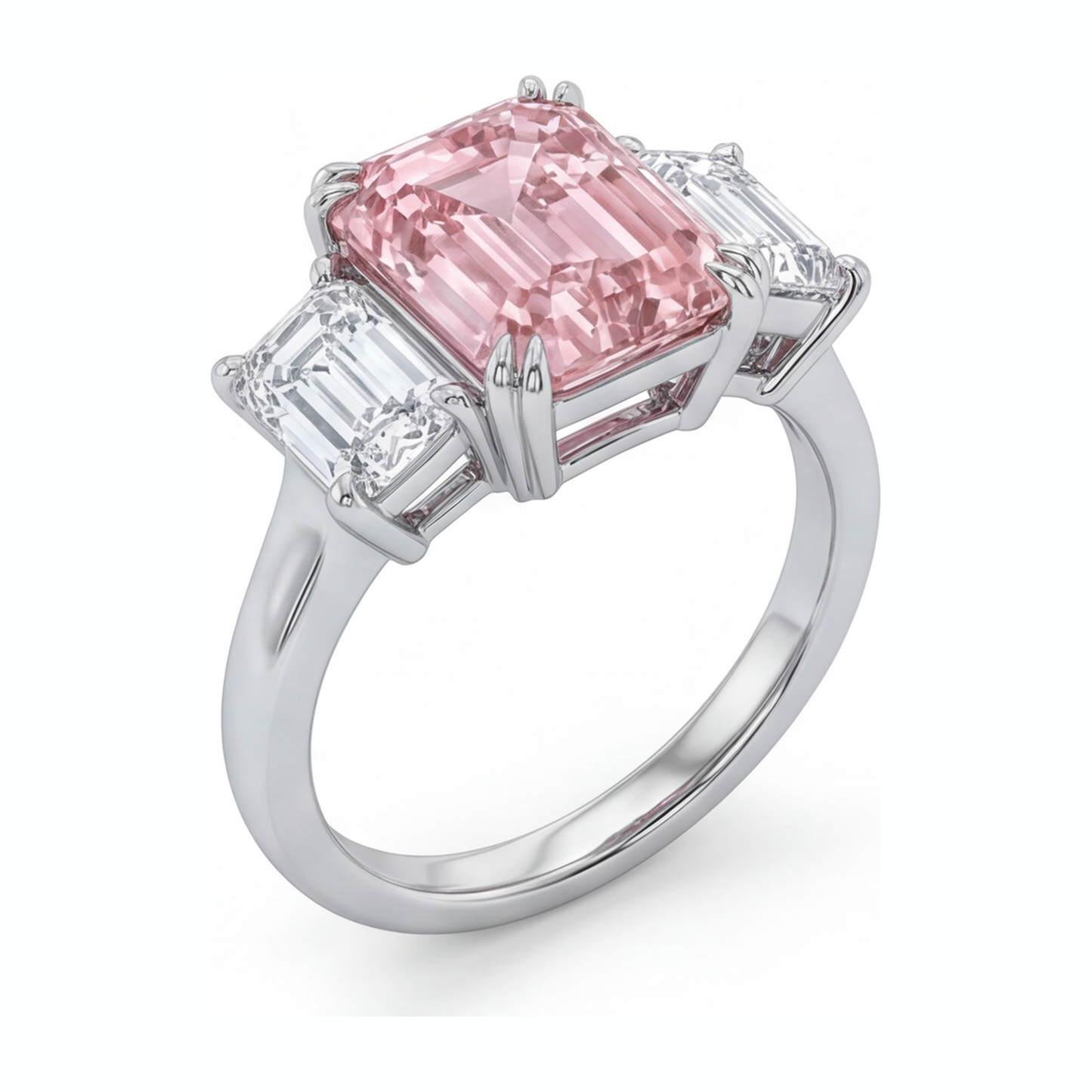 Dreisteinring mit im Labor gezüchtetem rosa Diamanten im Smaragdschliff, 2,75 Karat, 14 Karat Weißgold