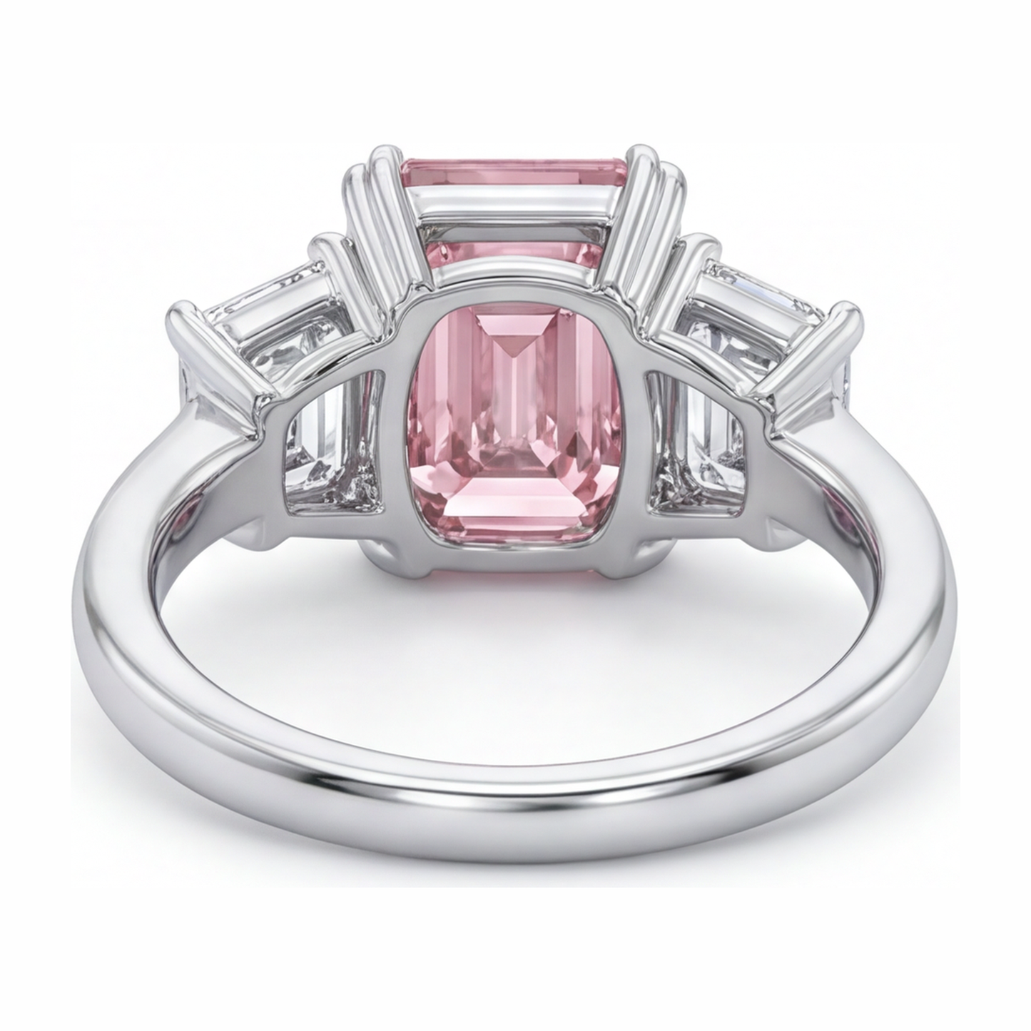 Dreisteinring mit im Labor gezüchtetem rosa Diamanten im Smaragdschliff, 2,75 Karat, 14 Karat Weißgold