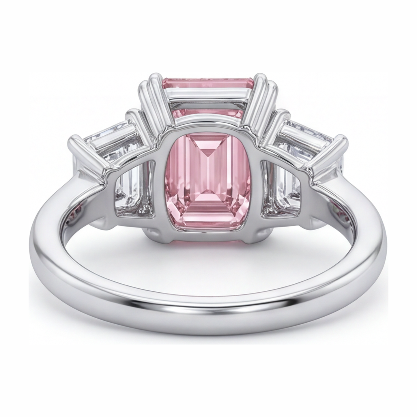 Dreisteinring mit im Labor gezüchtetem rosa Diamanten im Smaragdschliff, 2,75 Karat, 14 Karat Weißgold
