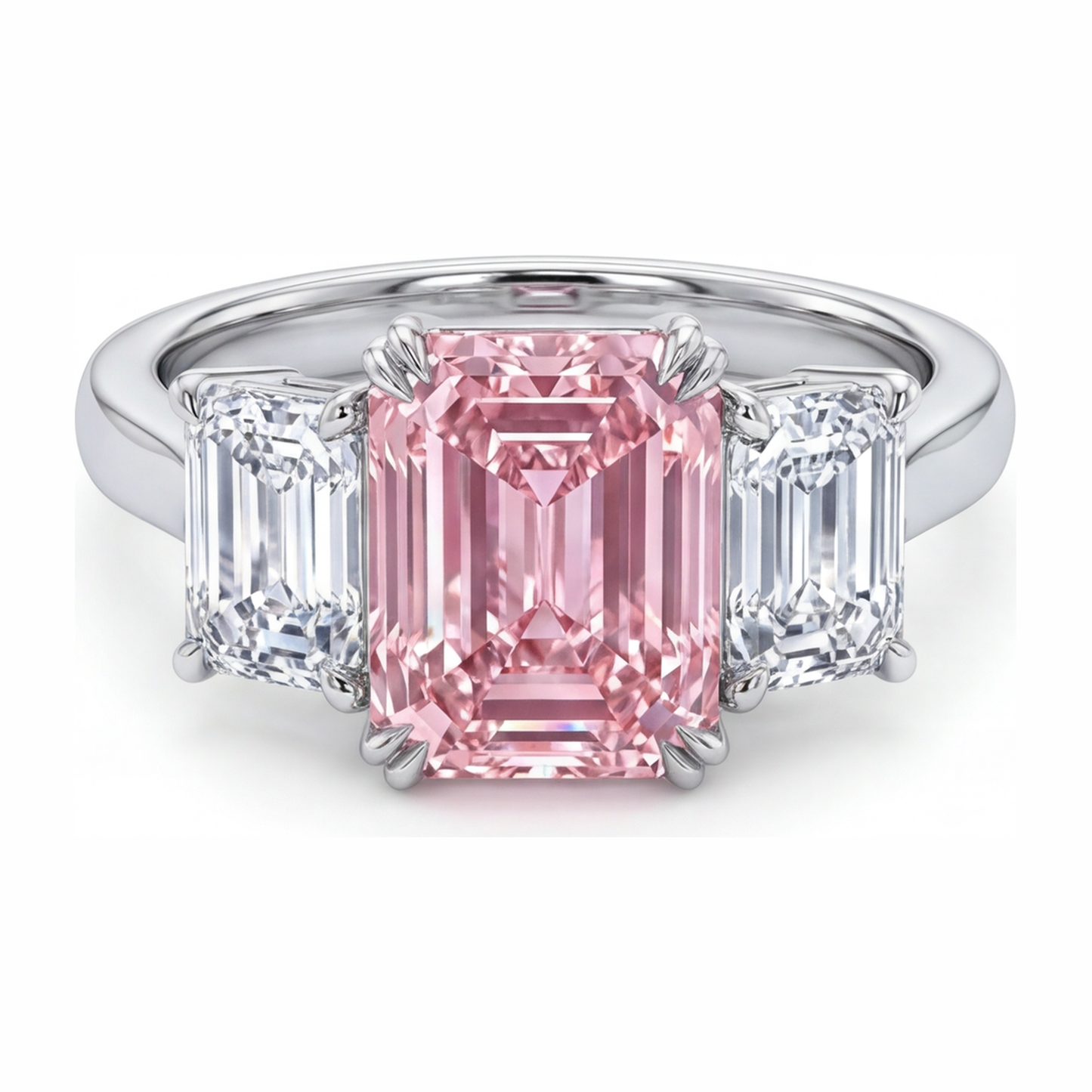 Dreisteinring mit im Labor gezüchtetem rosa Diamanten im Smaragdschliff, 2,75 Karat, 14 Karat Weißgold