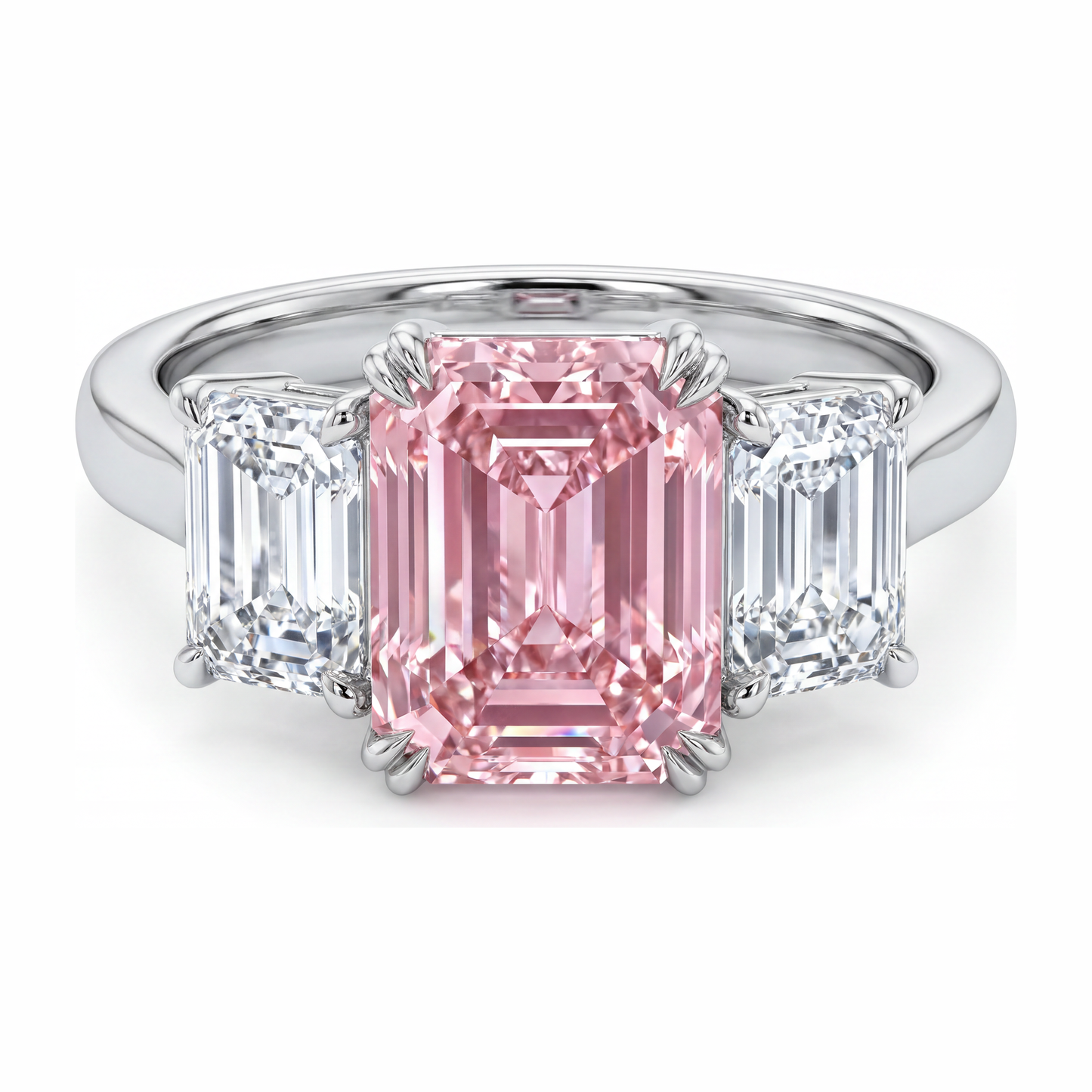 Dreisteinring mit im Labor gezüchtetem rosa Diamanten im Smaragdschliff, 2,75 Karat, 14 Karat Weißgold
