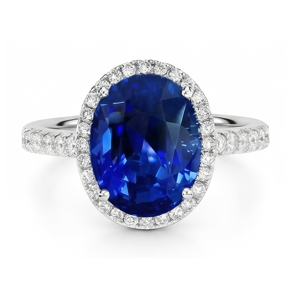 2.90 Karat Oval Blauer Saphir & Runder Verlobungsring WG 14K