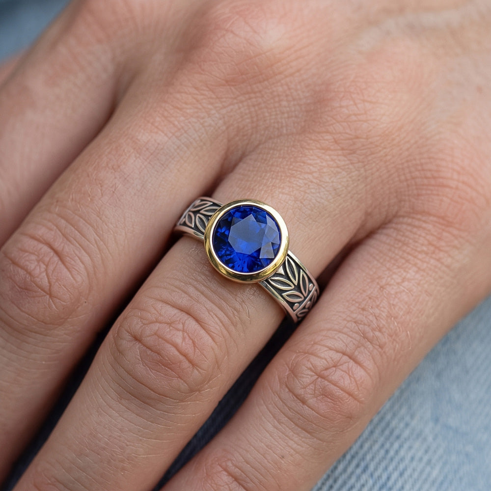 2 Karat Solitärring runder Tansanit AAA Antik-Stil Schmuck