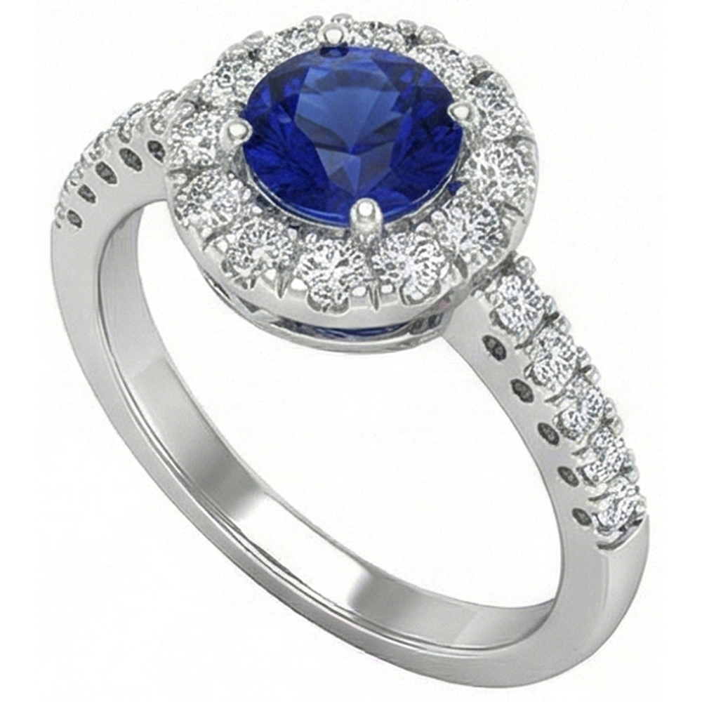 2 Karat runder blauer Ceylon-Saphir-Diamant-Ring Weißgold 14K