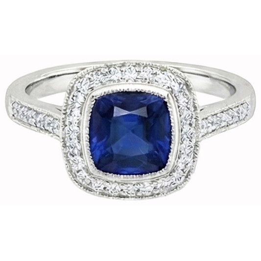 2 Kt. Cushion Cut Ceylon Saphir Und Diamant Ring Weißgold 14K